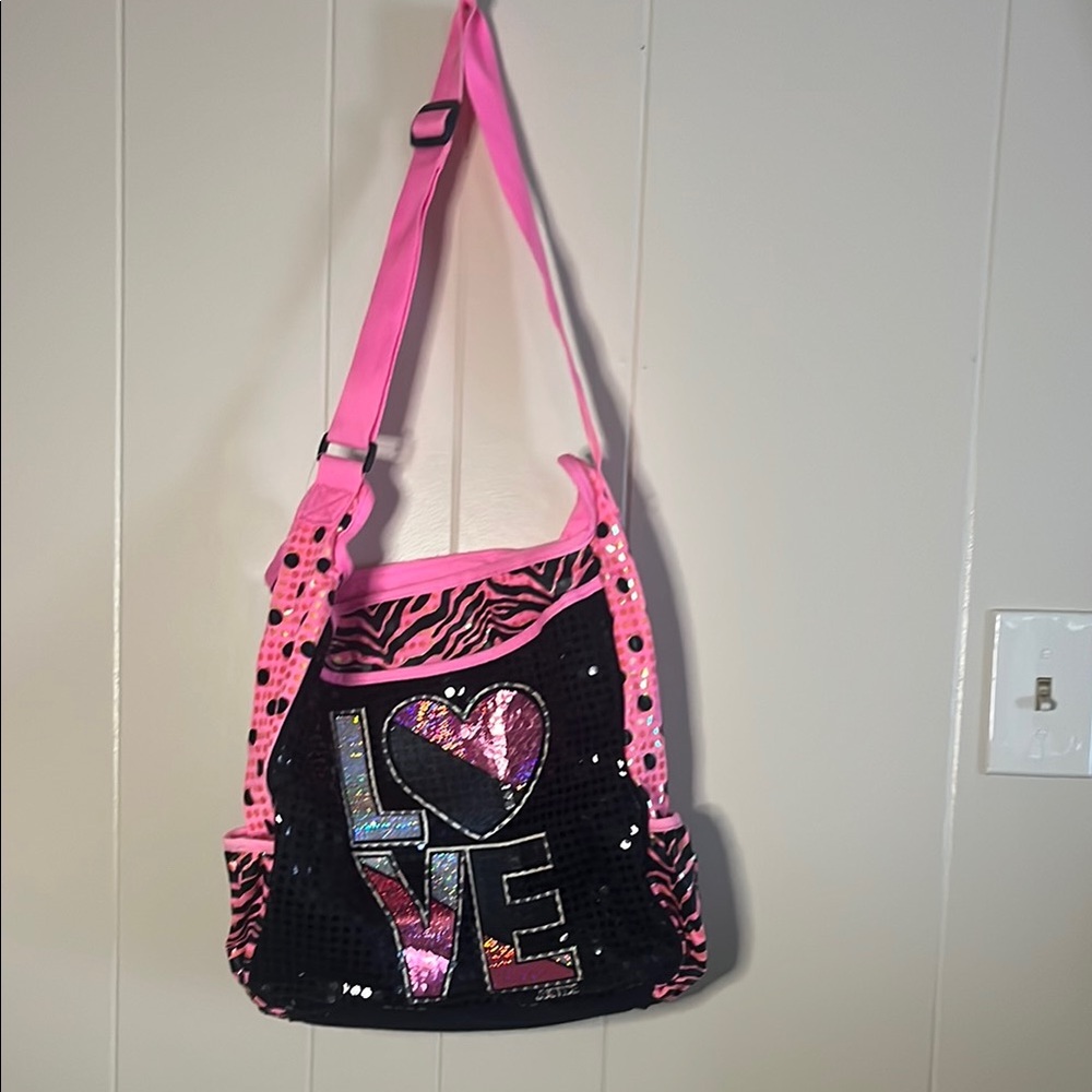 Justice Pink and Black Sequin Love Shoulder Bag